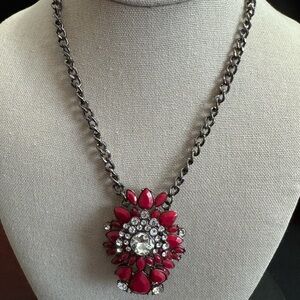 Park Lane Statement Necklace w/Beautiful Crystals and Red Stones on Dark chain